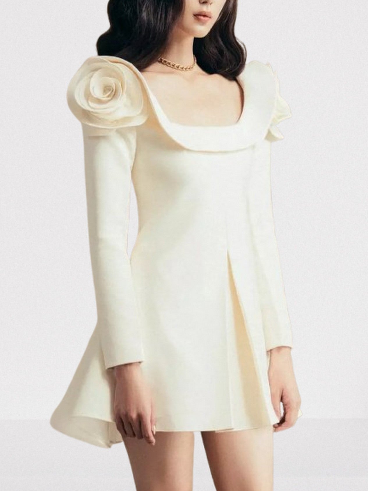 3D Floral Appliques Long-Sleeve Ivory Mini Dress - Dresses