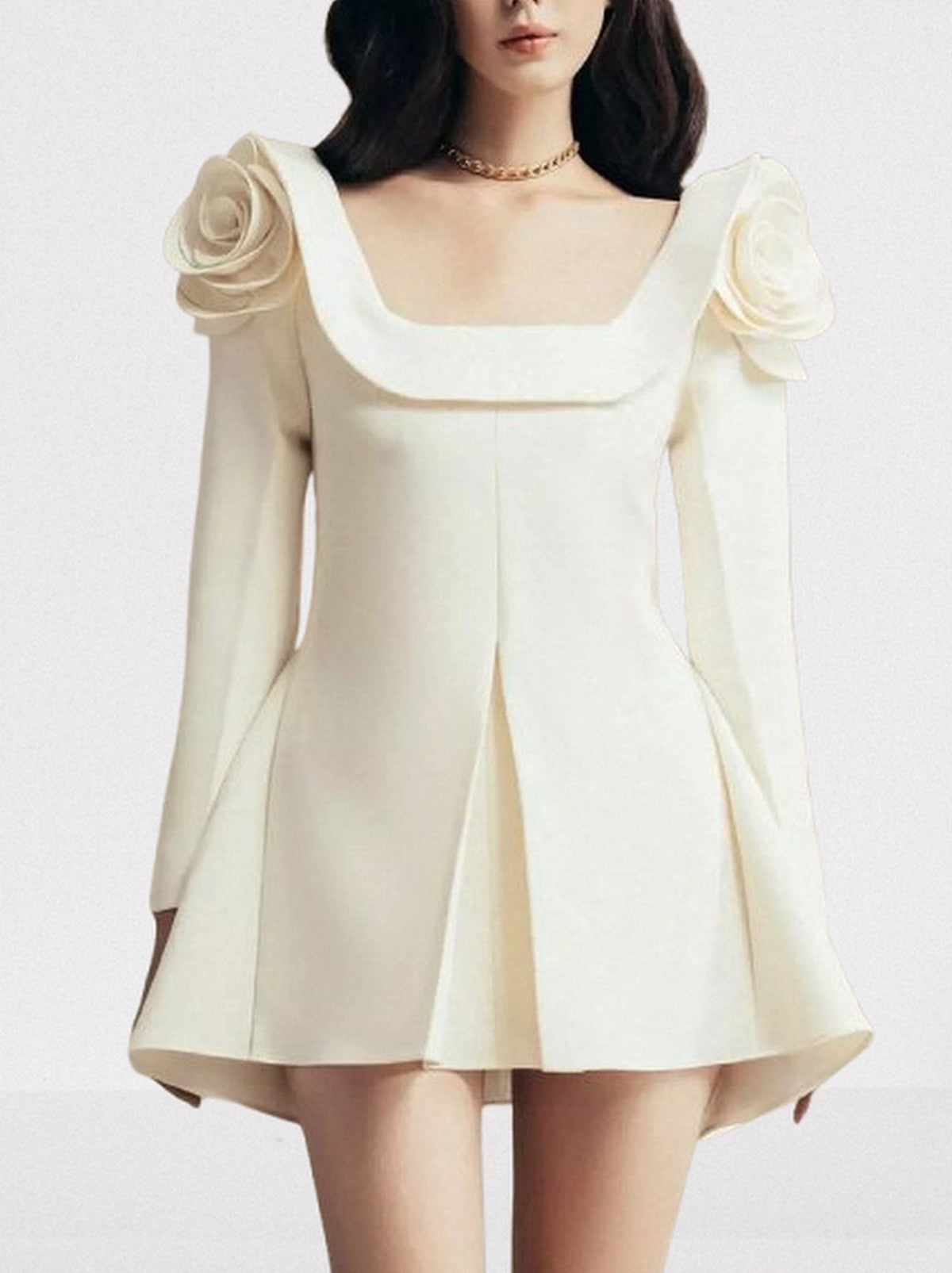 3D Floral Appliques Long-Sleeve Ivory Mini Dress - Dresses