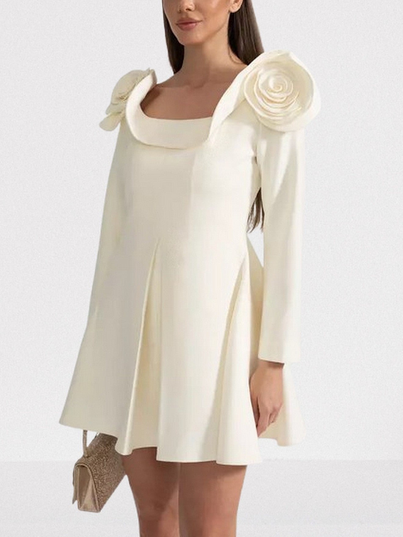 3D Floral Appliques Long-Sleeve Ivory Mini Dress - Dresses