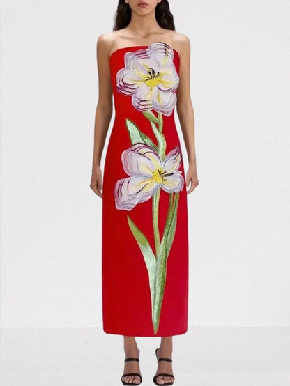 3D Floral Appliques Strapless Maxi Dress - S / Red - Dresses