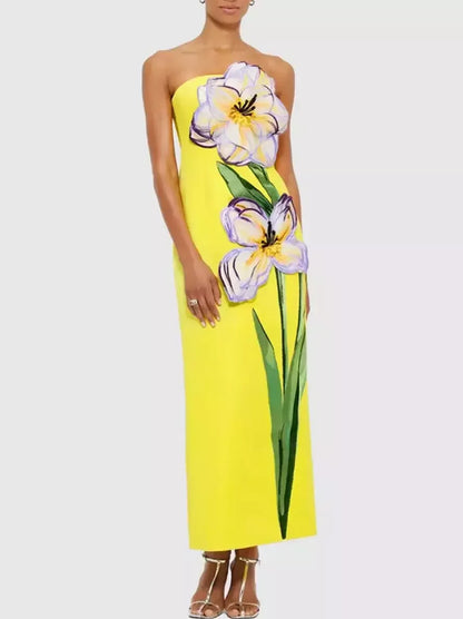 3D Floral Appliques Strapless Maxi Dress - S / Yellow - Dresses