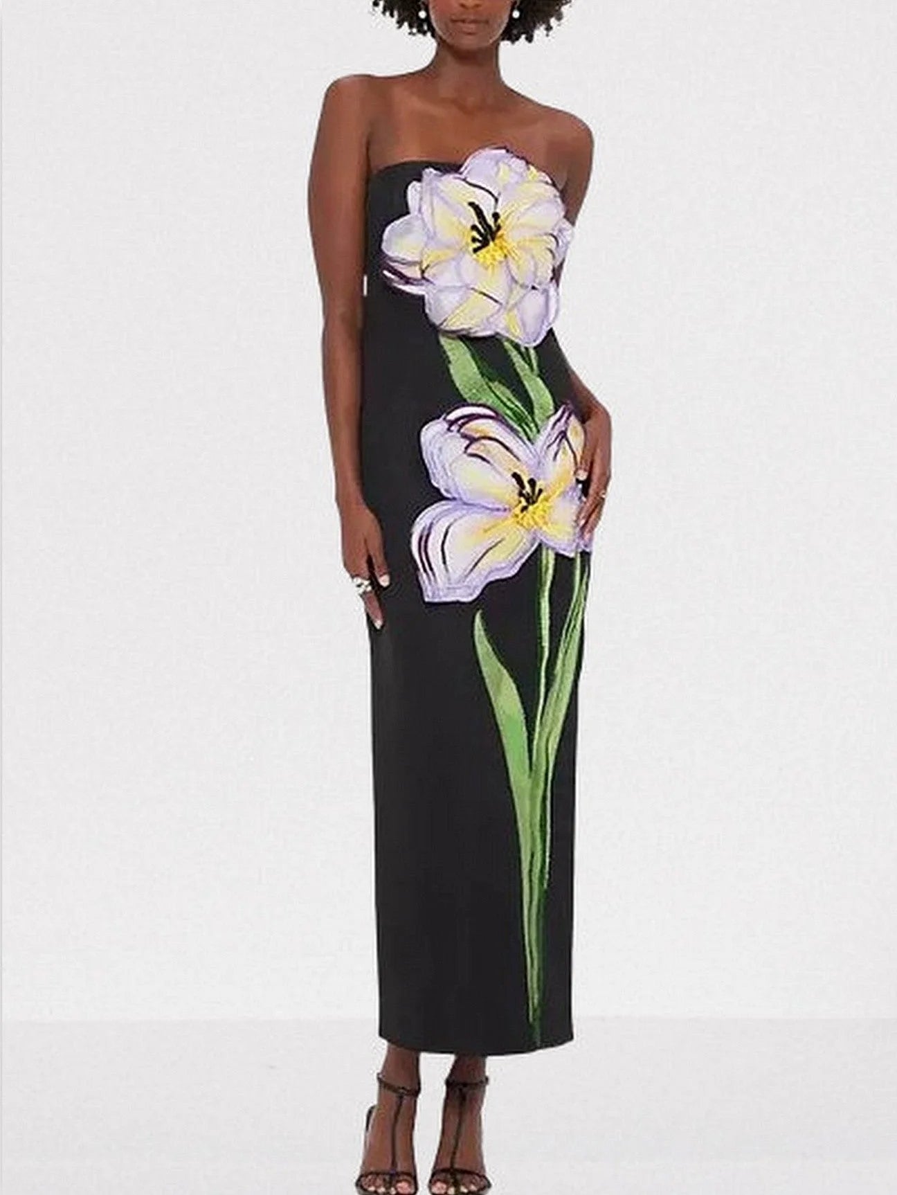3D Floral Appliques Strapless Maxi Dress - Dresses