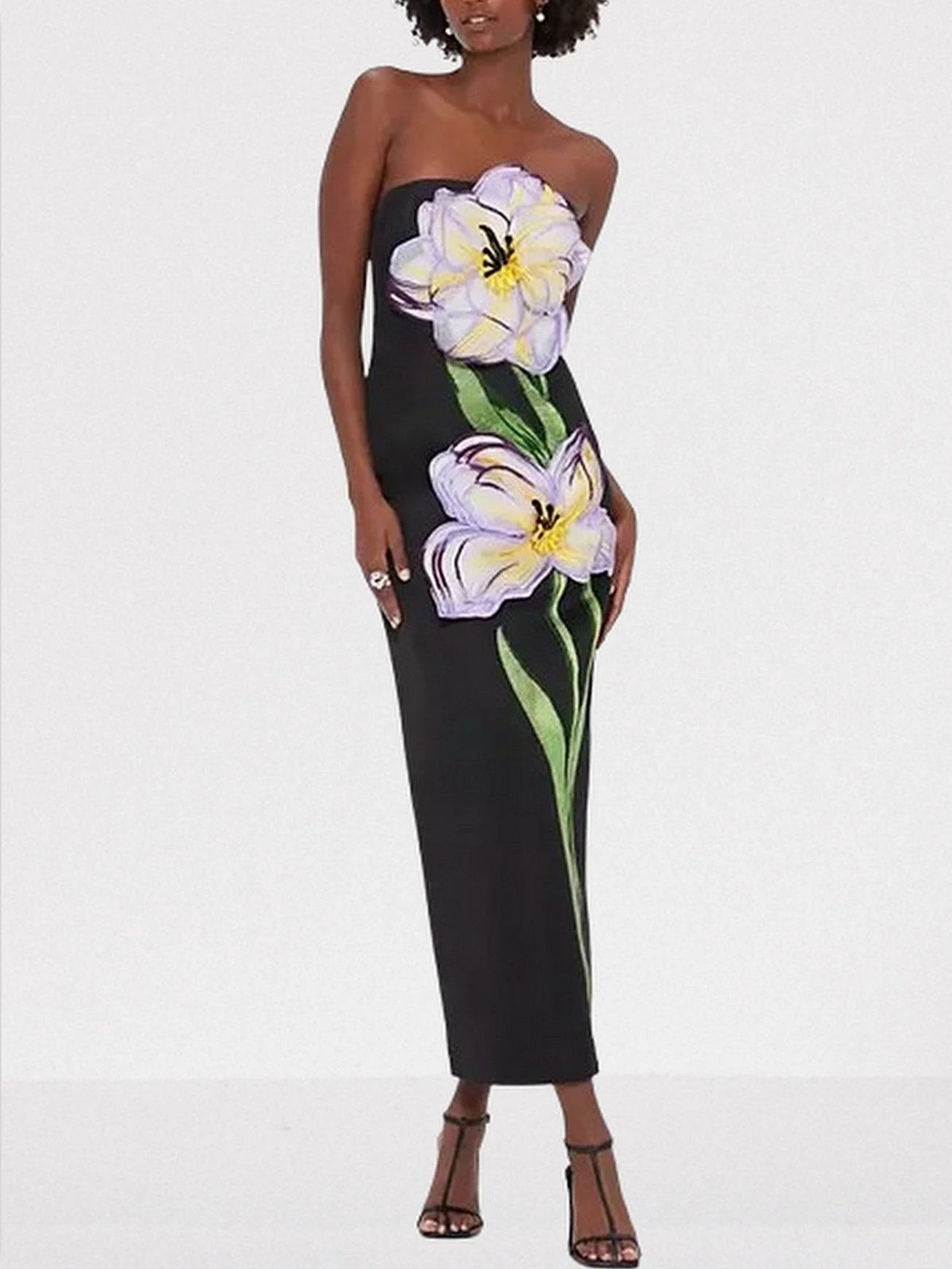 3D Floral Appliques Strapless Maxi Dress - Dresses