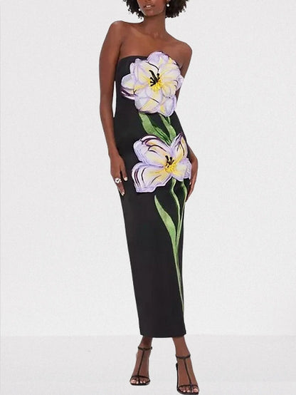 3D Floral Appliques Strapless Maxi Dress - Dresses