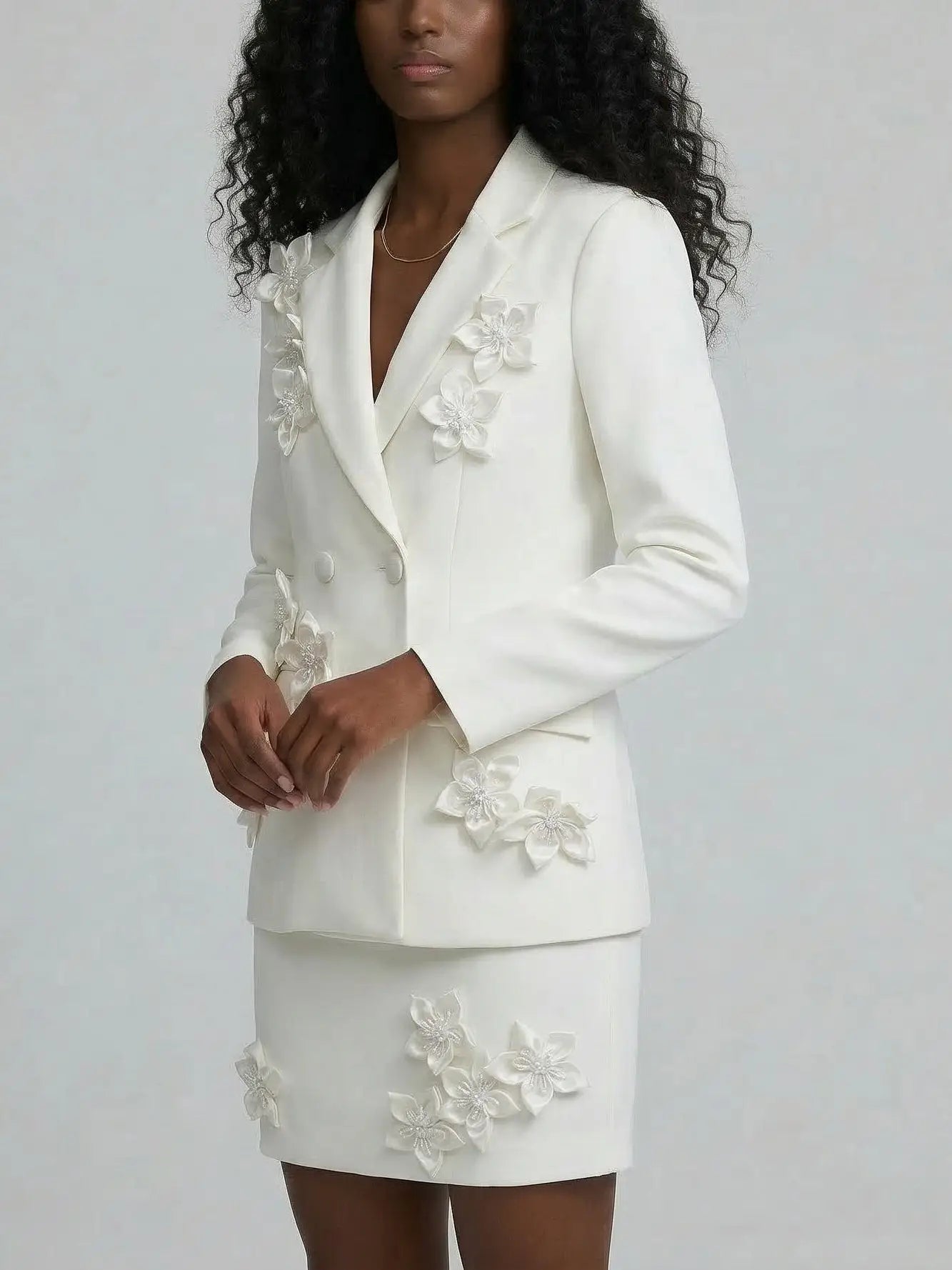 3D Floral Blazer and Mini Skirt Set - Suits & Sets