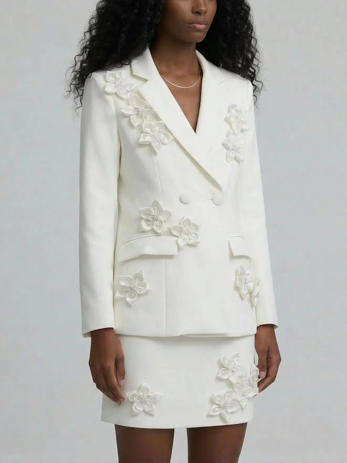 3D Floral Blazer and Mini Skirt Set - Suits & Sets