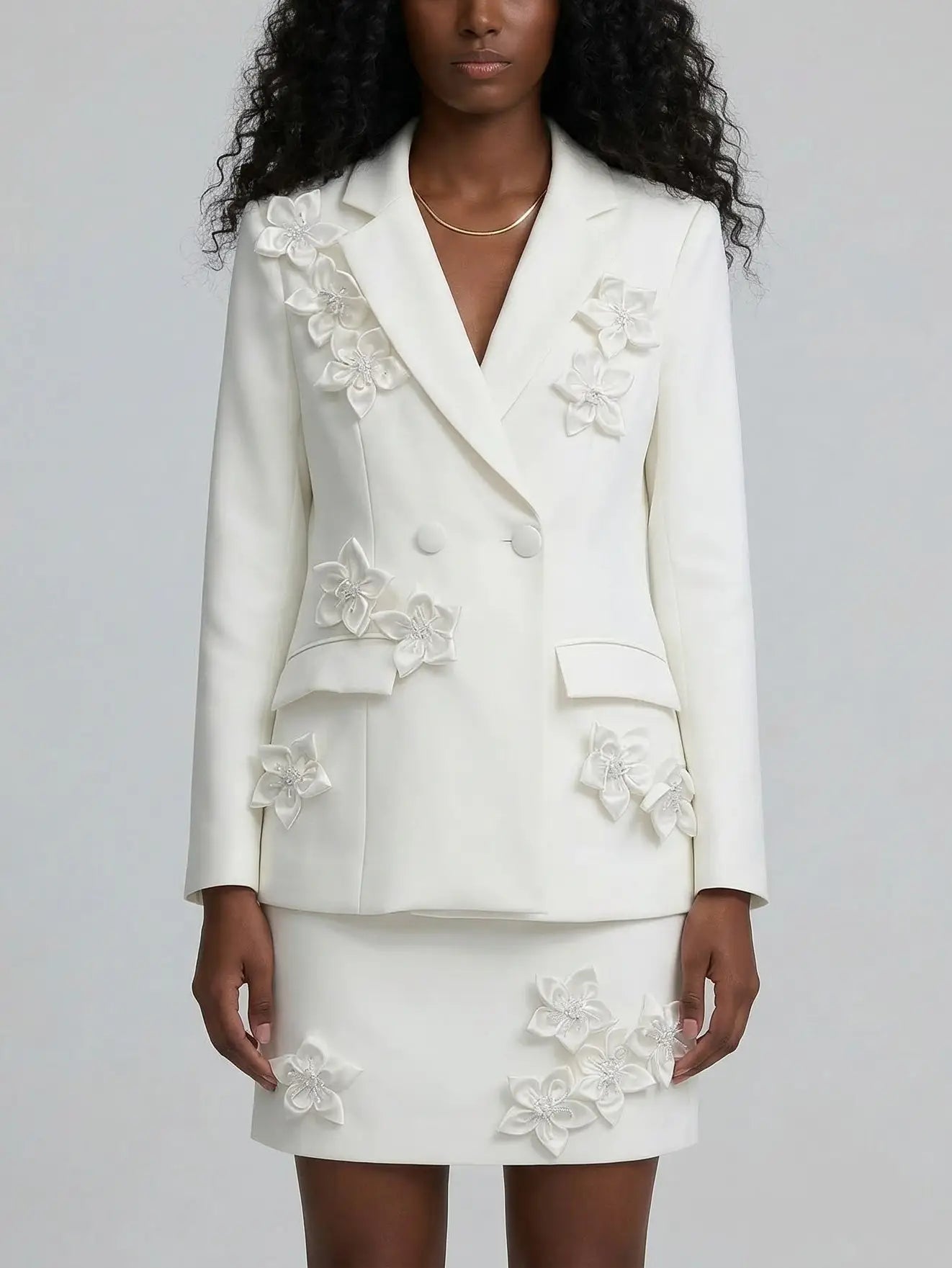 3D Floral Blazer and Mini Skirt Set - M / White - Suits & Sets