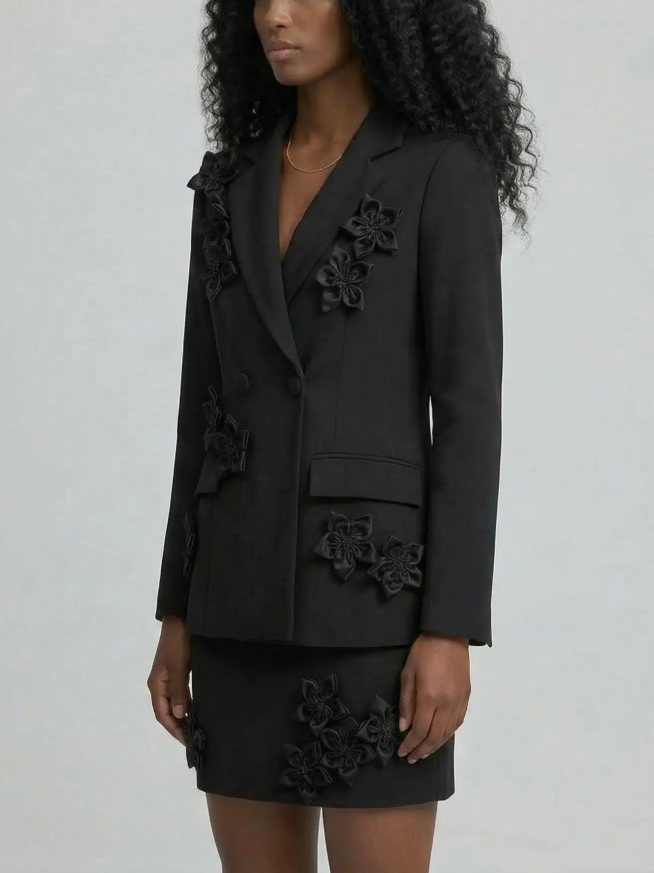 3D Floral Blazer and Mini Skirt Set - Suits & Sets