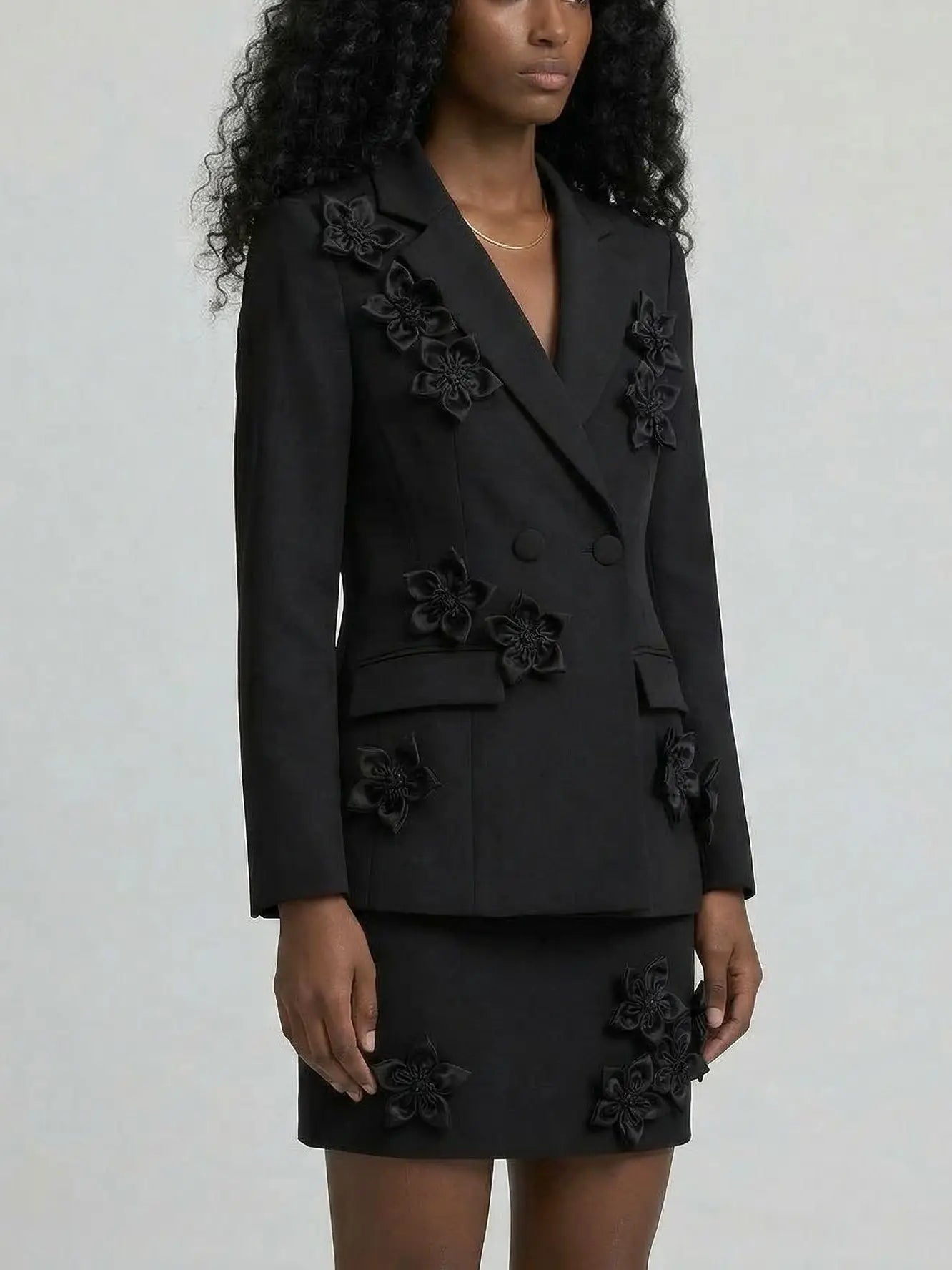 3D Floral Blazer and Mini Skirt Set - Suits & Sets