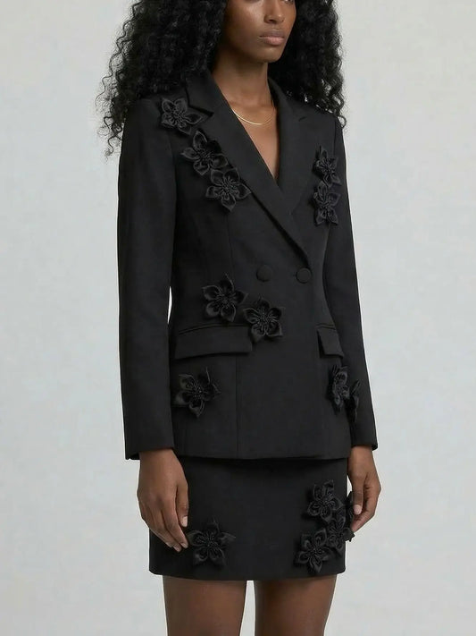 3D Floral Blazer and Mini Skirt Set - Suits & Sets