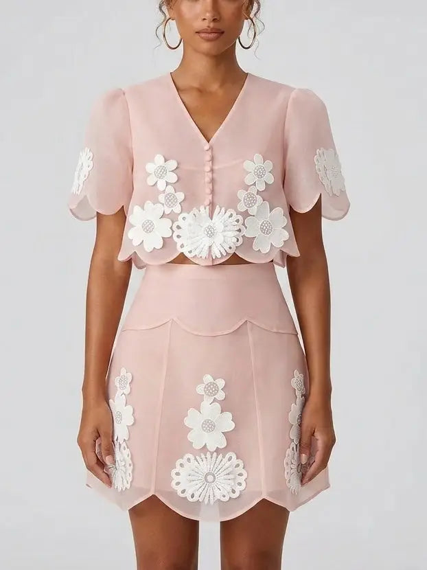 3D Floral Embroidered Organza Top and Mini Skirt Set - Suits & Sets