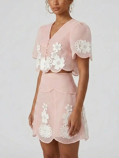 3D Floral Embroidered Organza Top and Mini Skirt Set - Suits & Sets