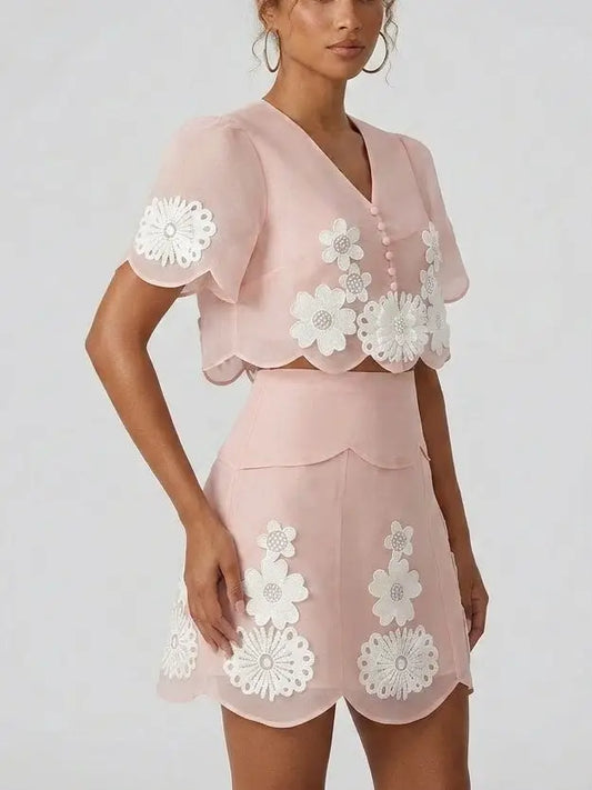 3D Floral Embroidered Organza Top and Mini Skirt Set - Suits & Sets