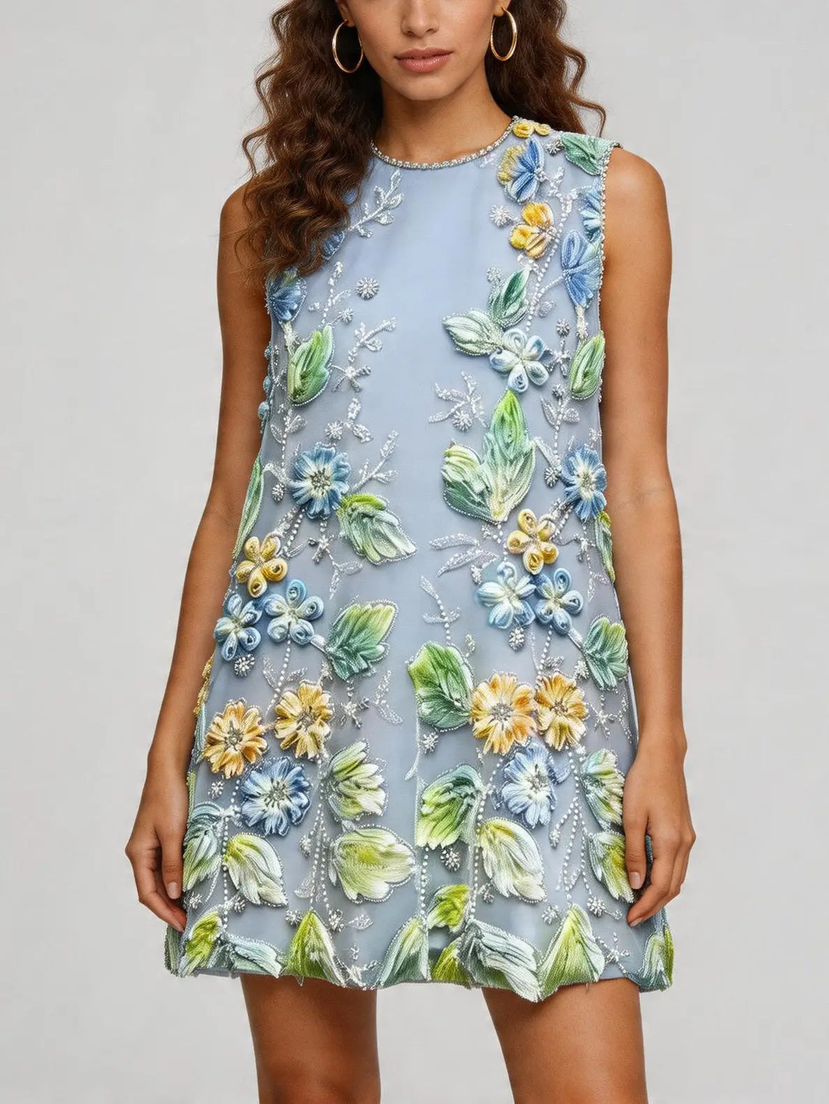 3D Floral Embroidered Shift Mini Dress - Dresses