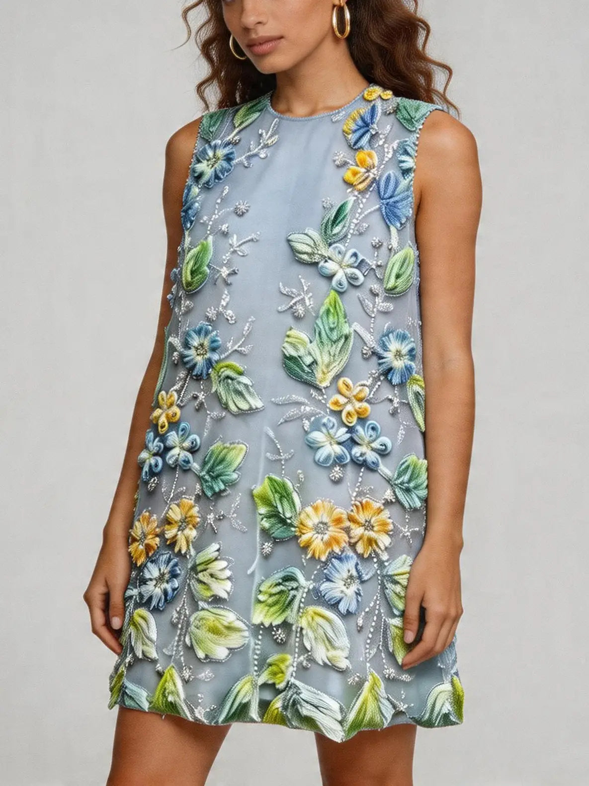 3D Floral Embroidered Shift Mini Dress - Dresses