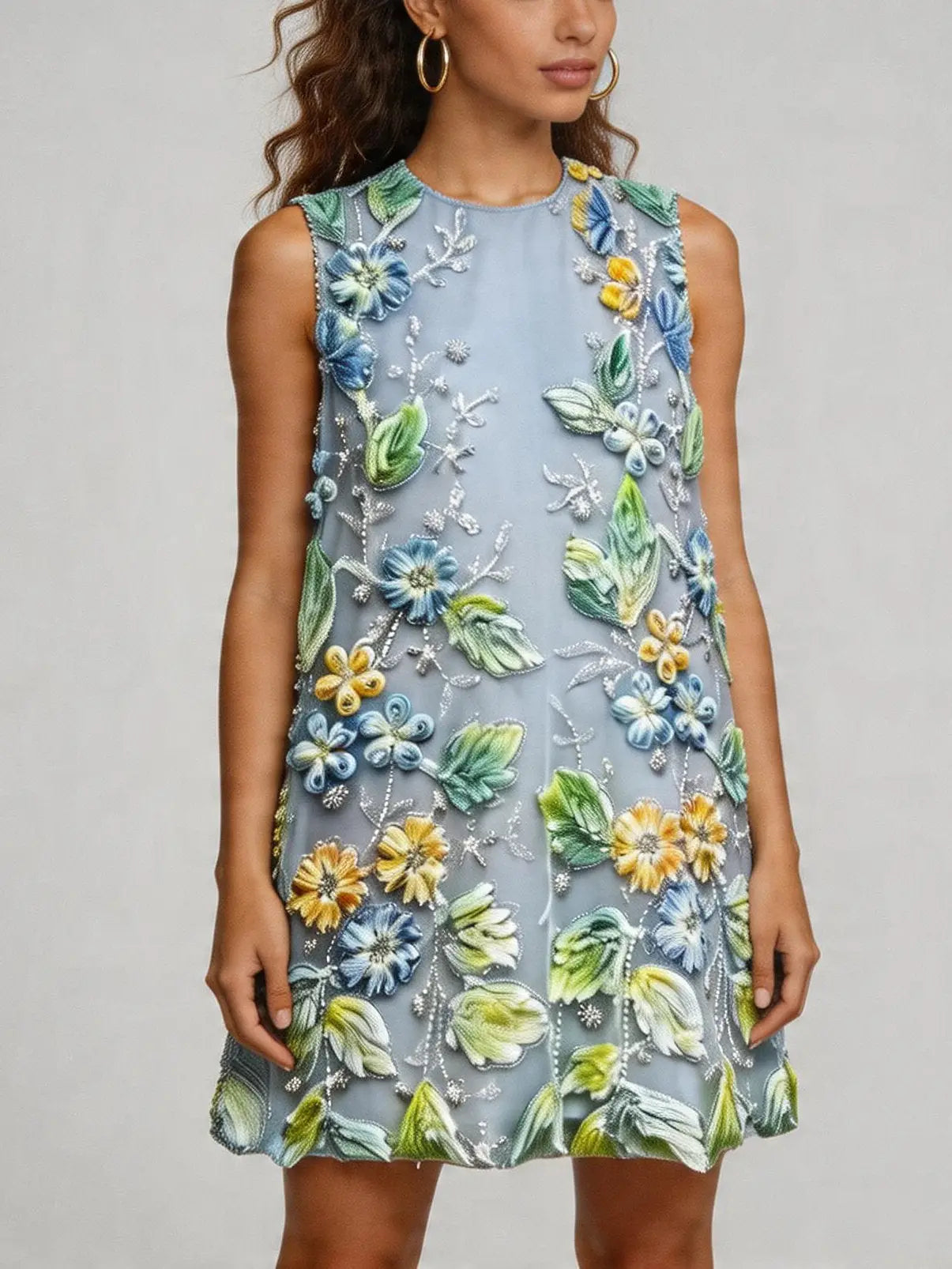 3D Floral Embroidered Shift Mini Dress - Dresses