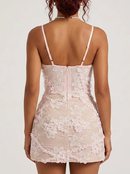 3D Floral Lace Butterfly Appliqué Mini Dress - Dresses