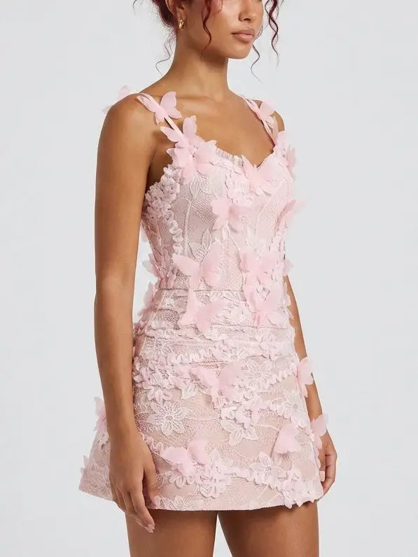 3D Floral Lace Butterfly Appliqué Mini Dress - Dresses