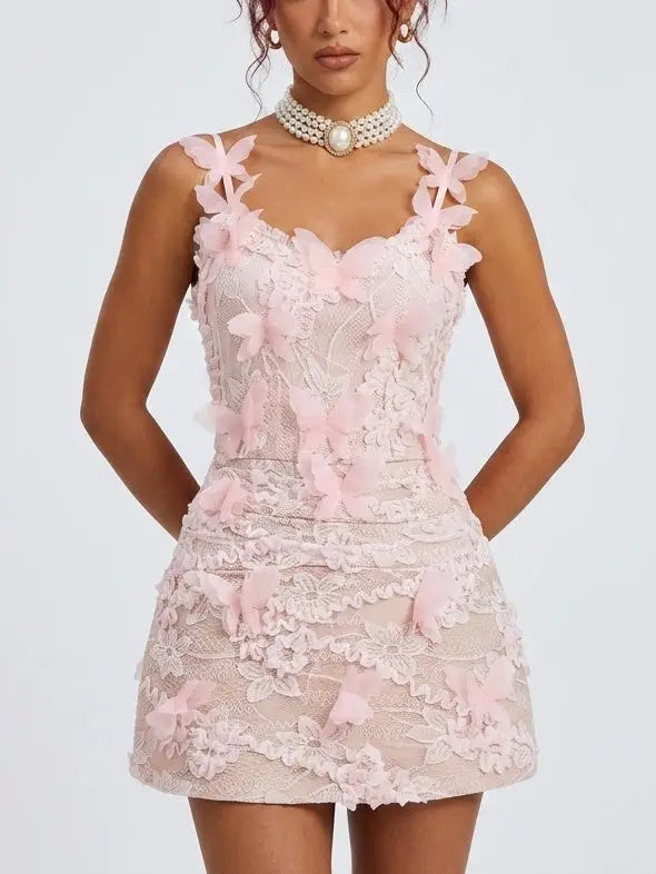 3D Floral Lace Butterfly Appliqué Mini Dress - Small / Pink - Dresses