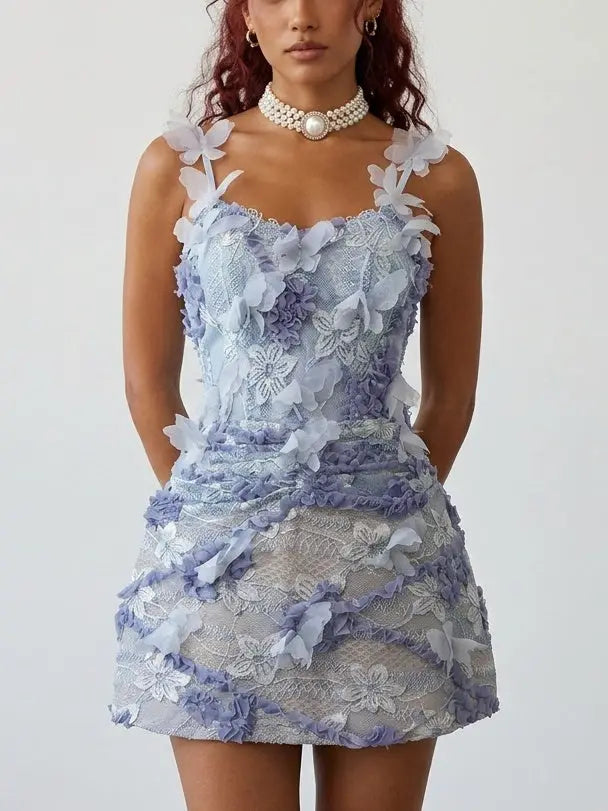3D Floral Lace Butterfly Appliqué Mini Dress - Dresses