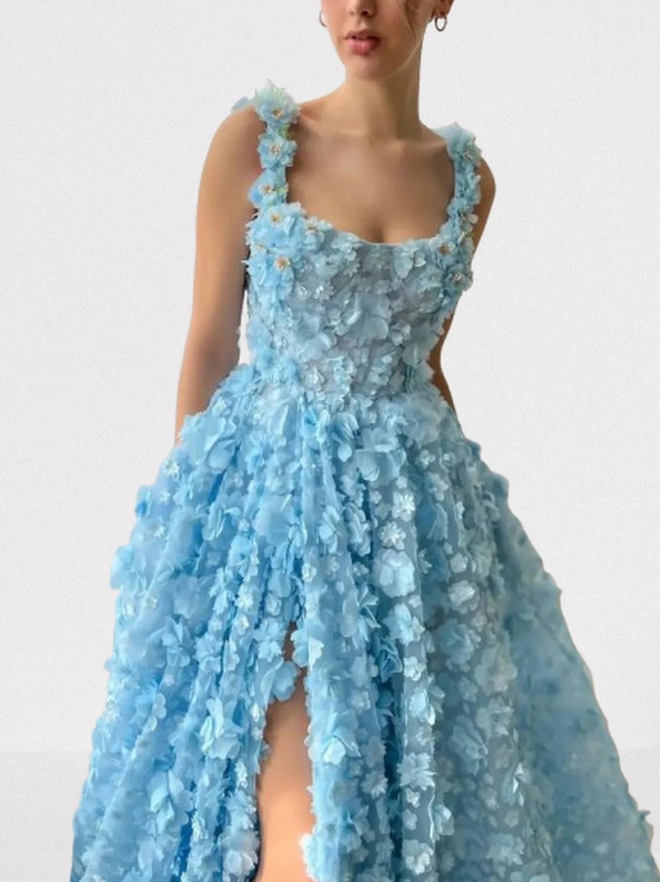 3D Floral Sleeveless Flared Gown XS / Light Blue Dresses