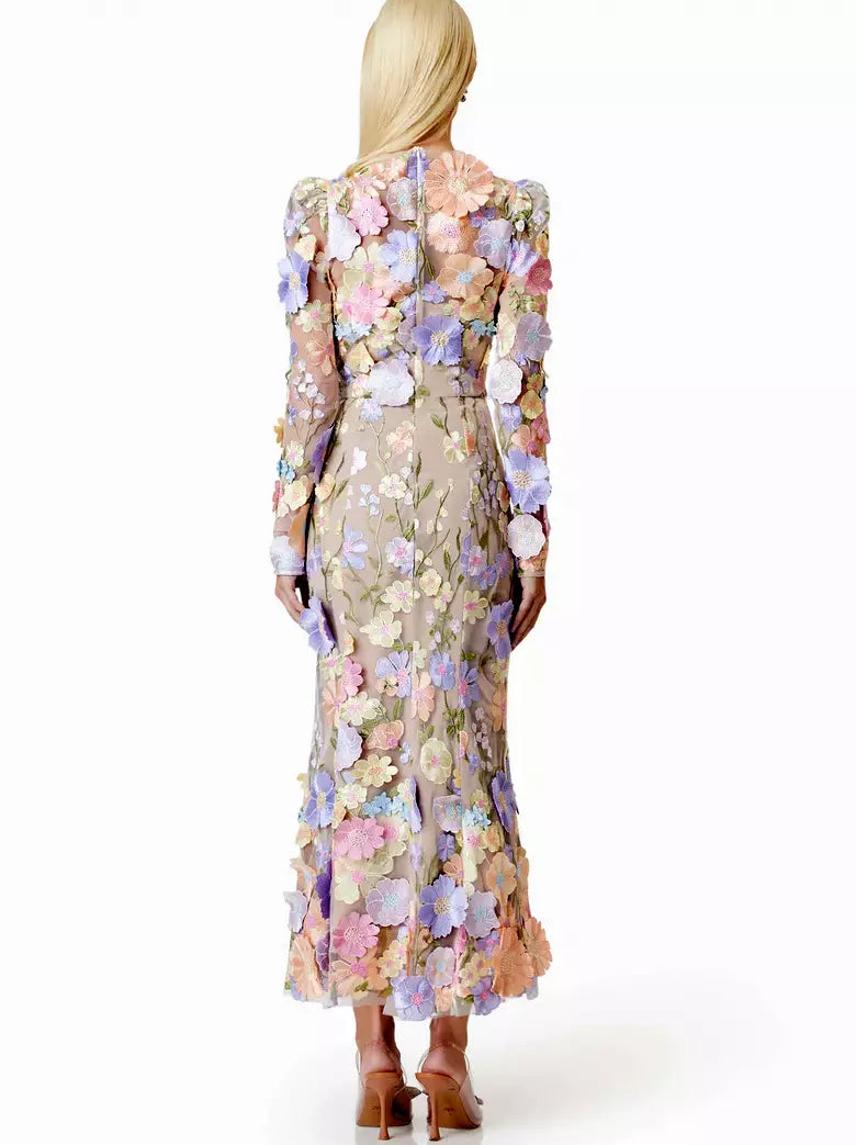 3D Multicolor Floral Appliques Mesh-Overlay Midi Dress - Branna Couture