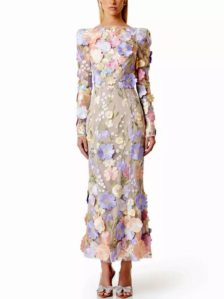 3D Multicolor Floral Appliques Mesh-Overlay Midi Dress - Branna Couture