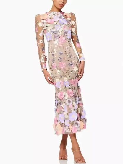 3D Multicolor Floral Appliques Mesh-Overlay Midi Dress - Branna Couture