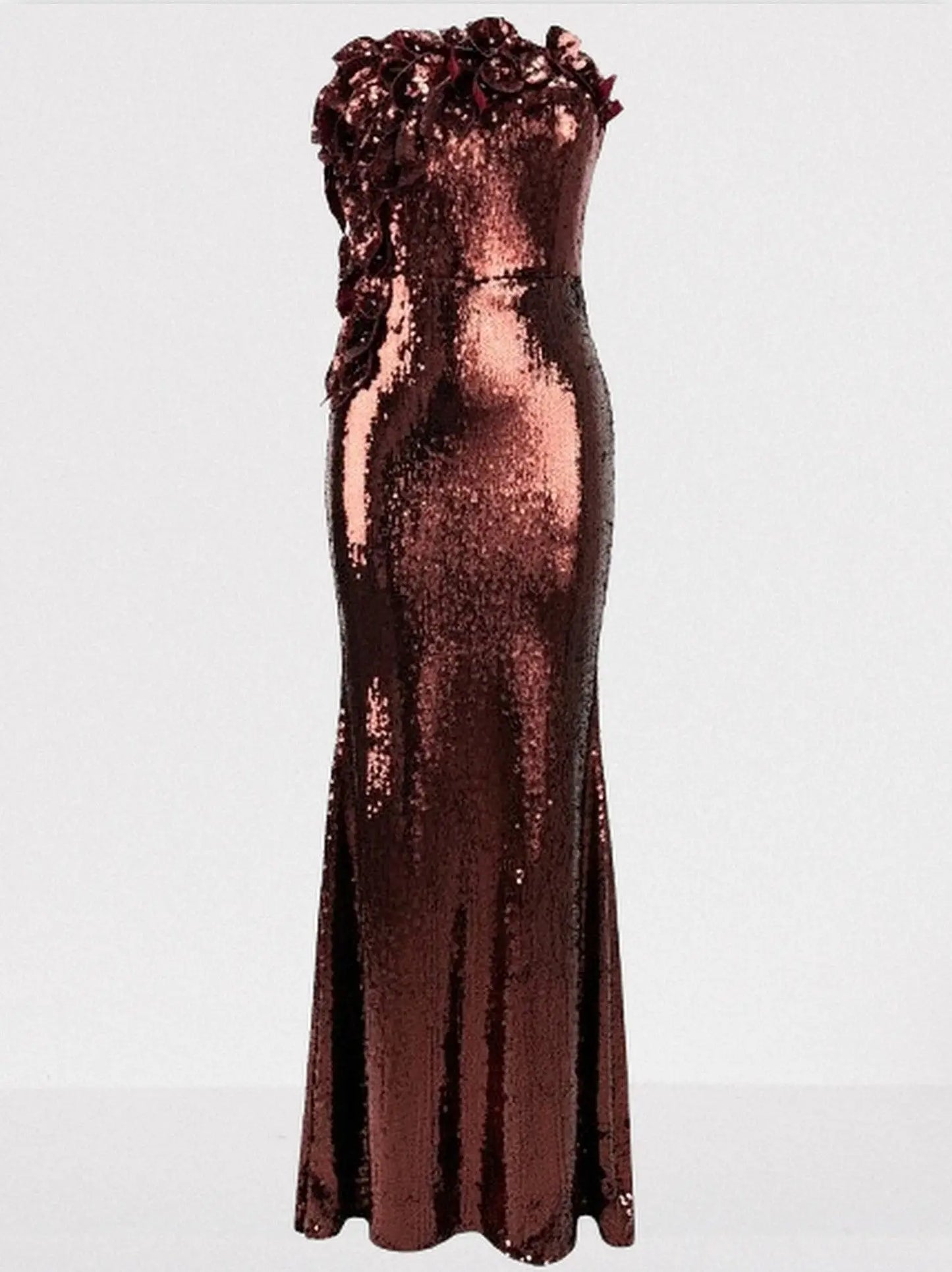 3D Petal-Appliquéd Mahogany Brown Sequin Gown - Dresses