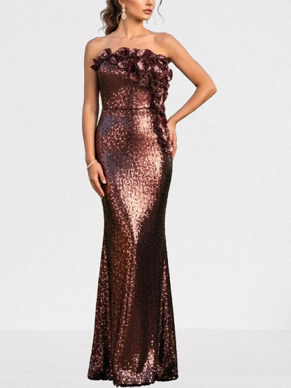 3D Petal-Appliquéd Mahogany Brown Sequin Gown - Dresses
