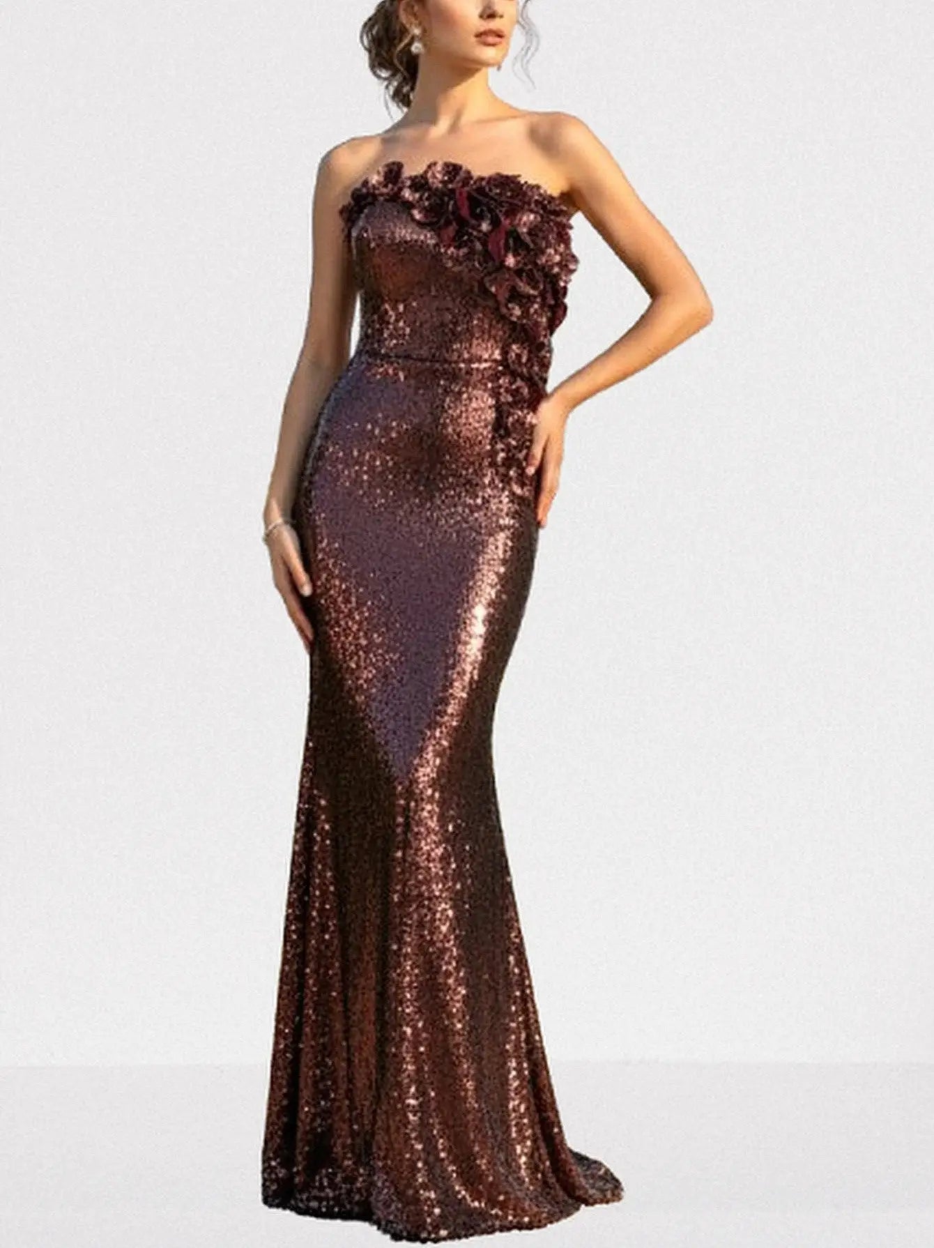 3D Petal-Appliquéd Mahogany Brown Sequin Gown - Dresses