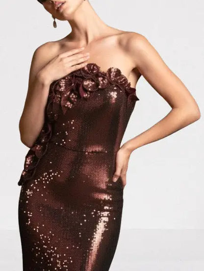 3D Petal-Appliquéd Mahogany Brown Sequin Gown - Dresses