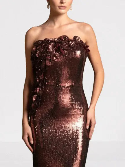 3D Petal-Appliquéd Mahogany Brown Sequin Gown - Dresses