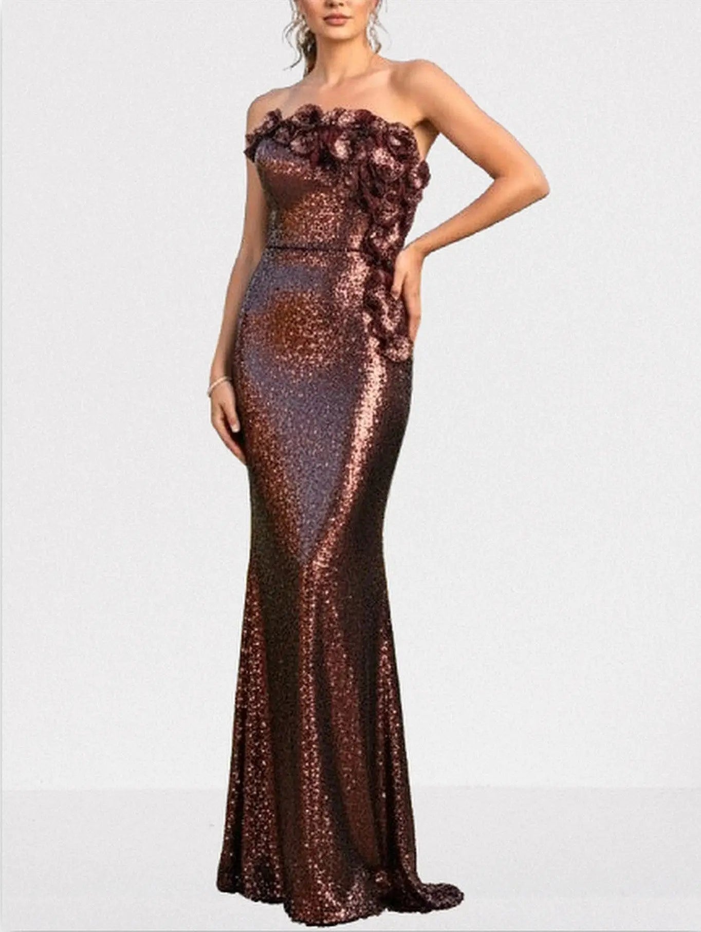 3D Petal-Appliquéd Mahogany Brown Sequin Gown - Dresses