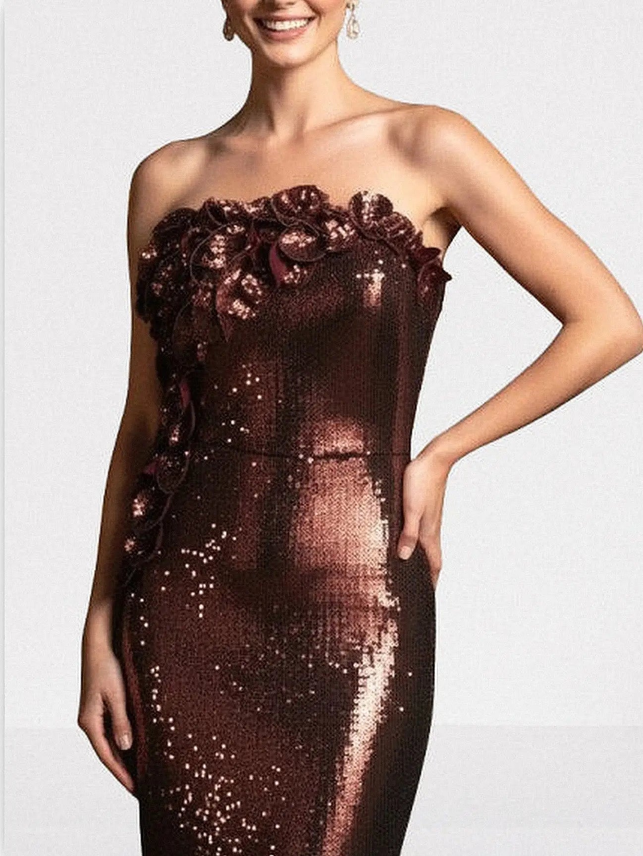 3D Petal-Appliquéd Mahogany Brown Sequin Gown - Dresses