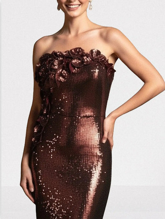 3D Petal-Appliquéd Mahogany Brown Sequin Gown - Dresses