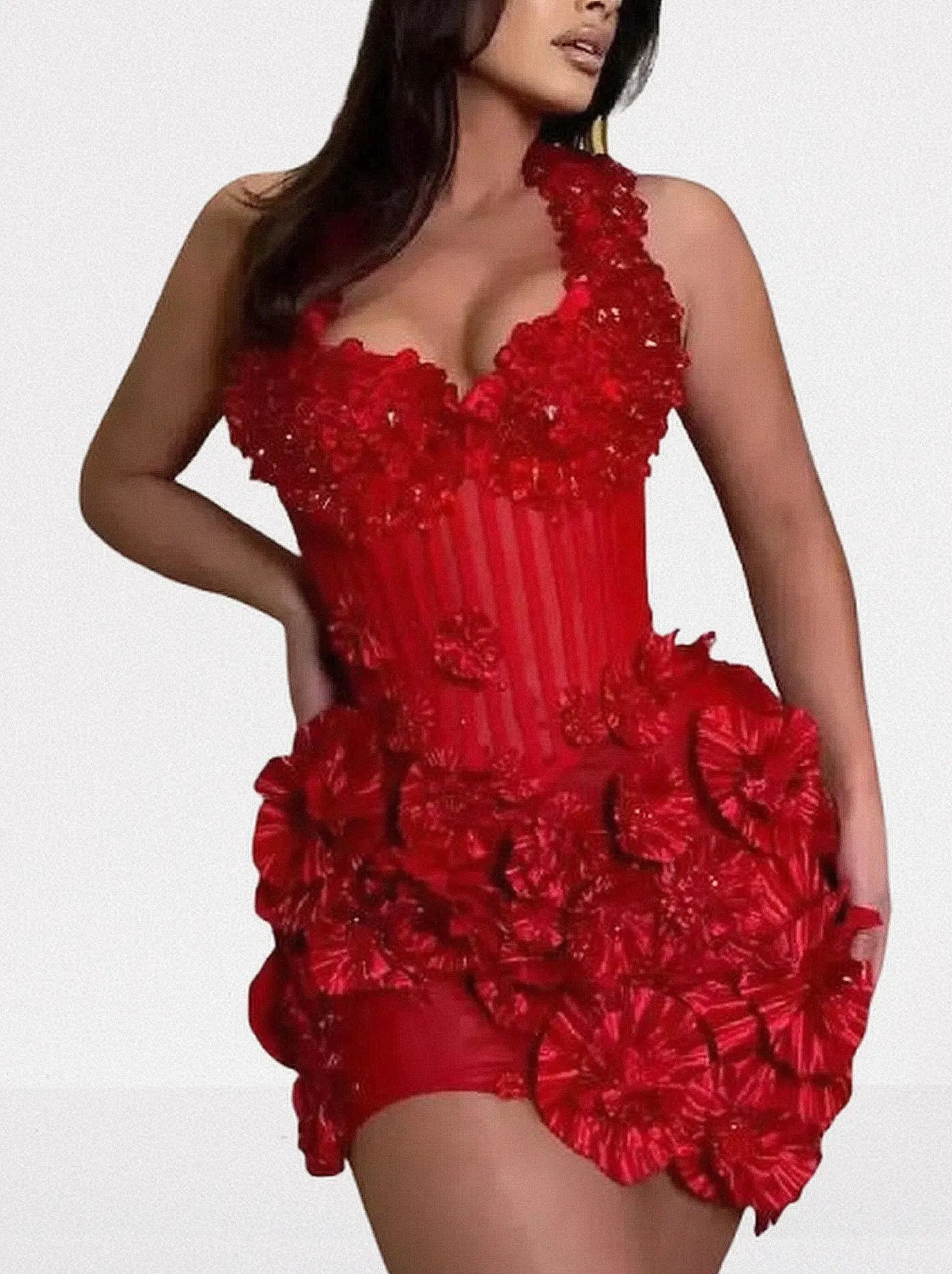 3D Red Floral Halter Corset Mini Dress - Dresses