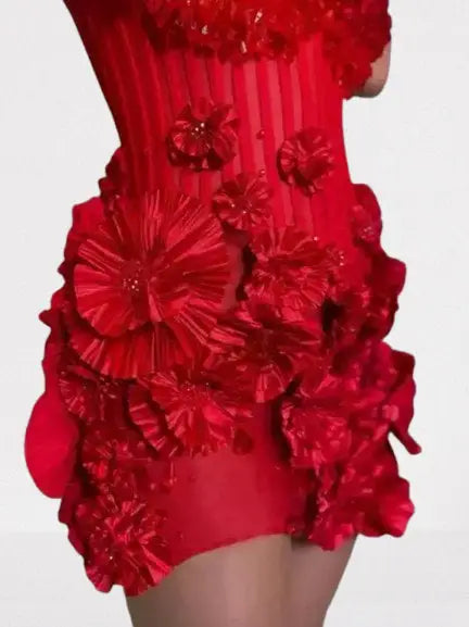 3D Red Floral Halter Corset Mini Dress - Dresses