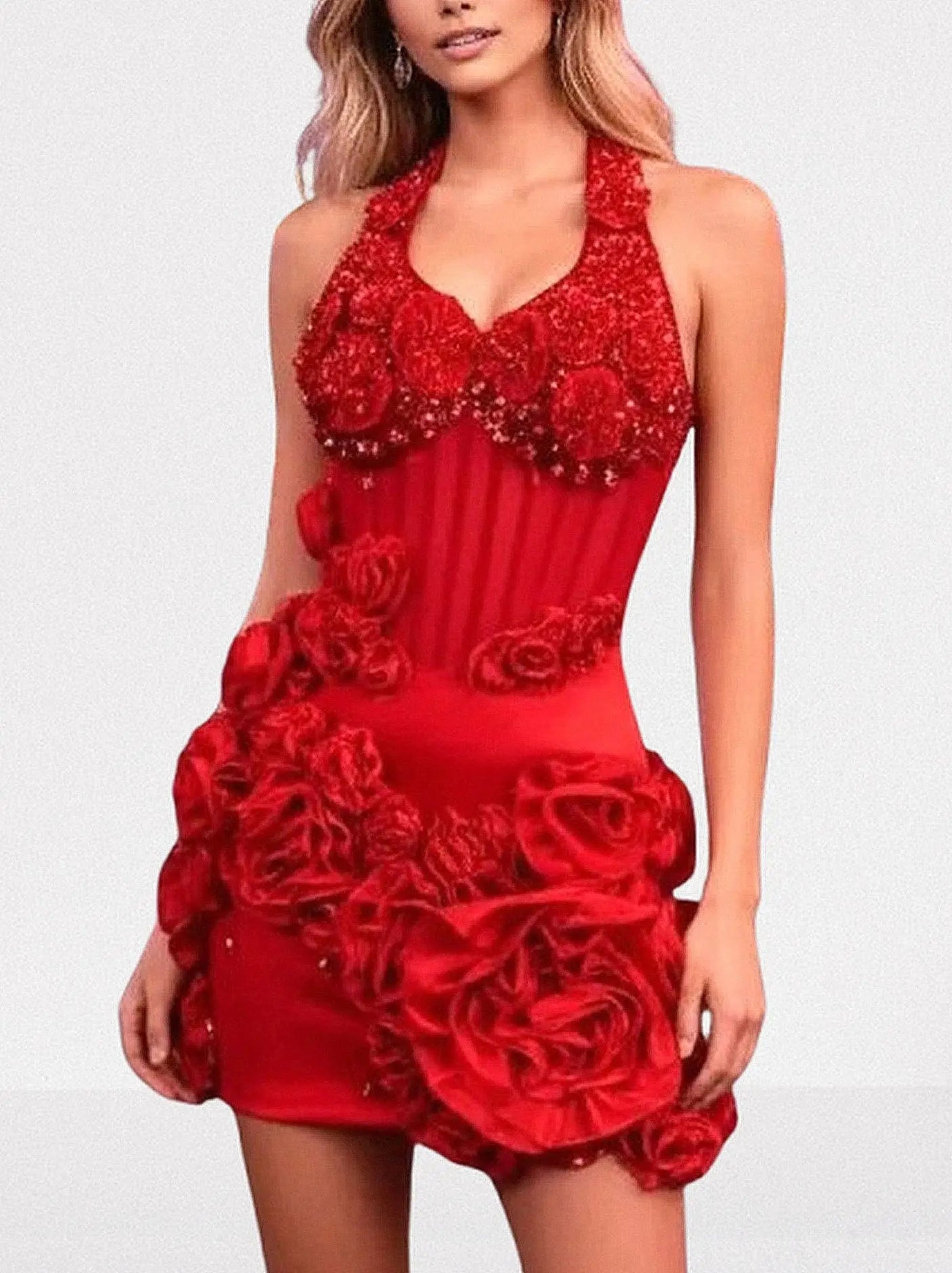 3D Red Floral Halter Corset Mini Dress - Dresses