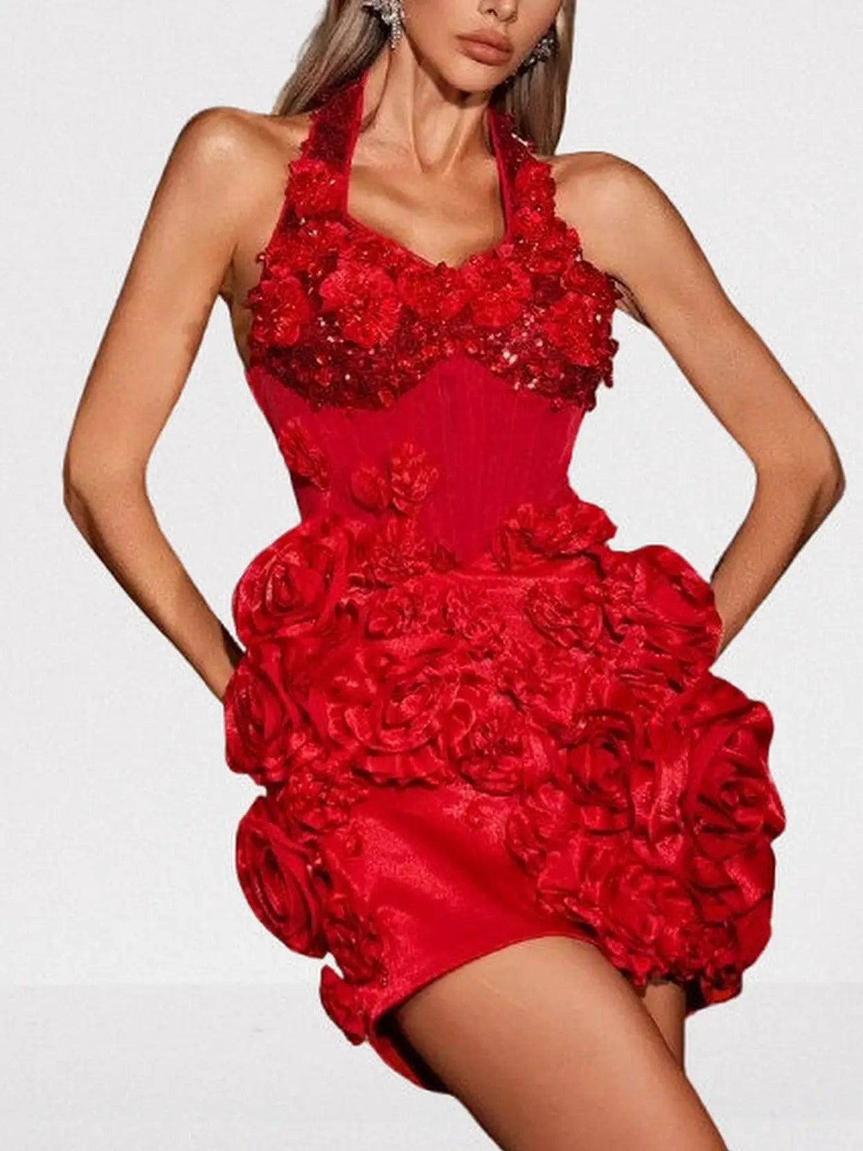 3D Red Floral Halter Corset Mini Dress - Dresses