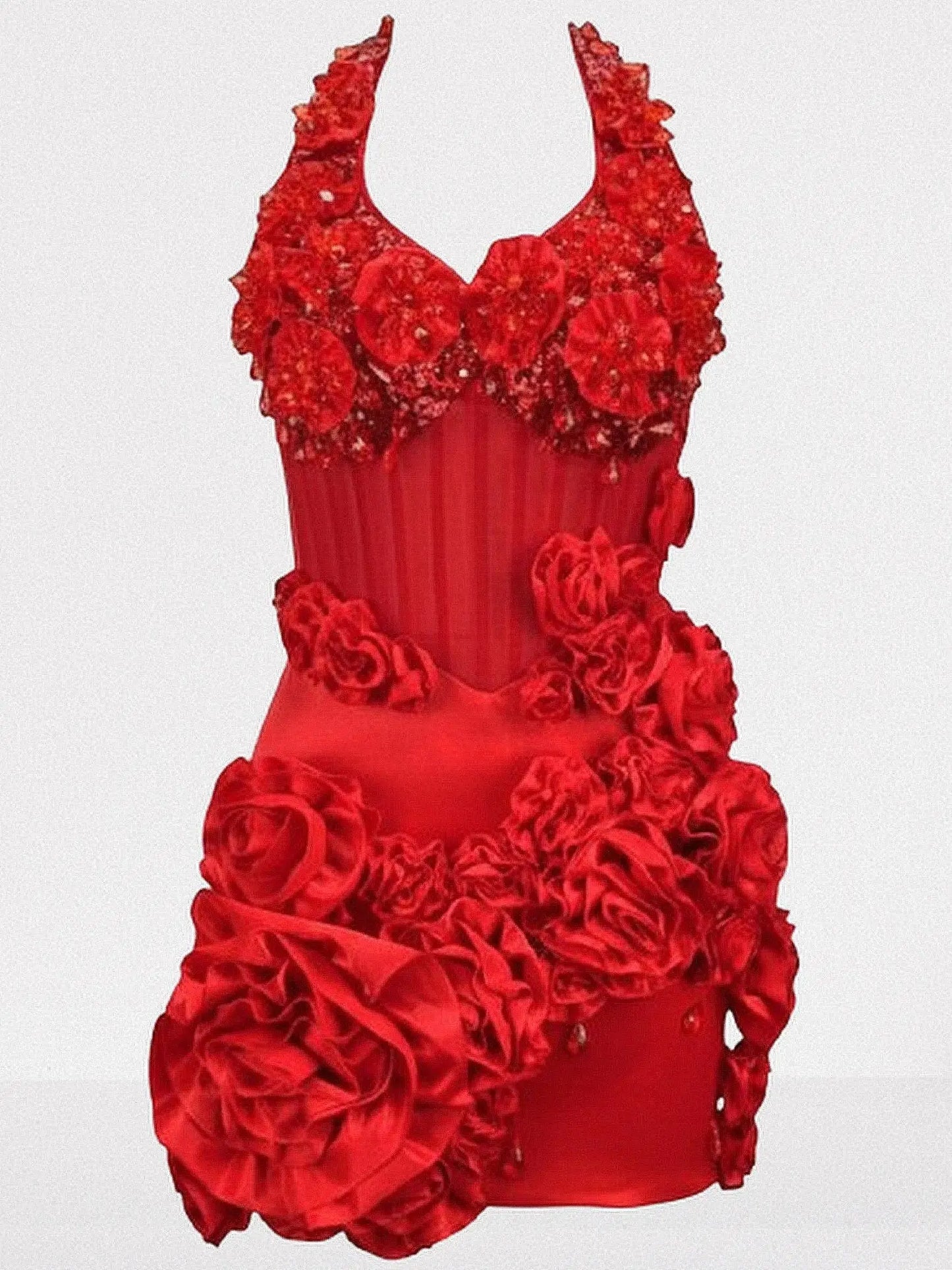3D Red Floral Halter Corset Mini Dress - Dresses