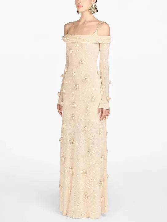 3D Beige Floral Applique Off-Shoulder Gown - Dresses