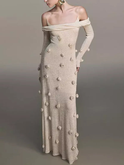 3D Beige Floral Applique Off-Shoulder Gown - Dresses