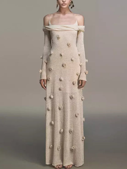 3D Beige Floral Applique Off-Shoulder Gown - Dresses