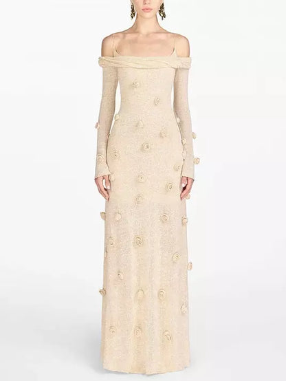 3D Beige Floral Applique Off-Shoulder Gown - Dresses