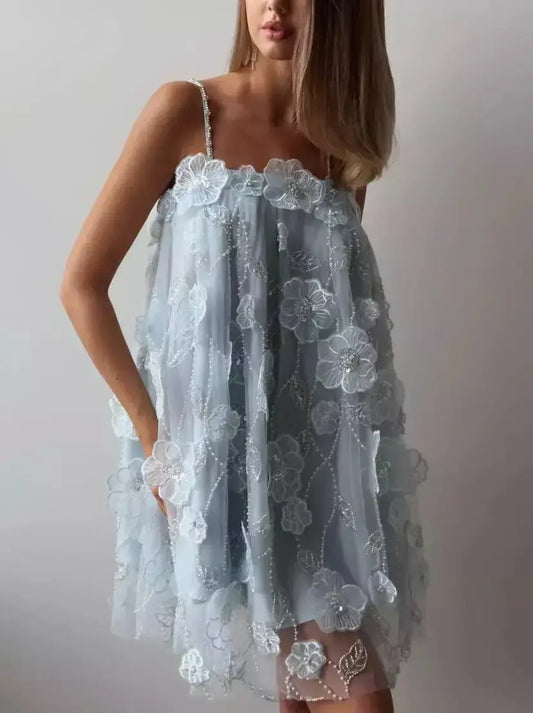 3D Embellished Floral-Applique Babydoll Dress in Light Blue - Dresses