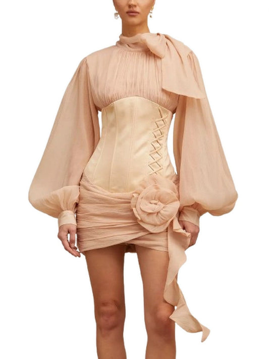 3D Floral Applique Gathered Dress with Tie-Neck - Small - Dresses