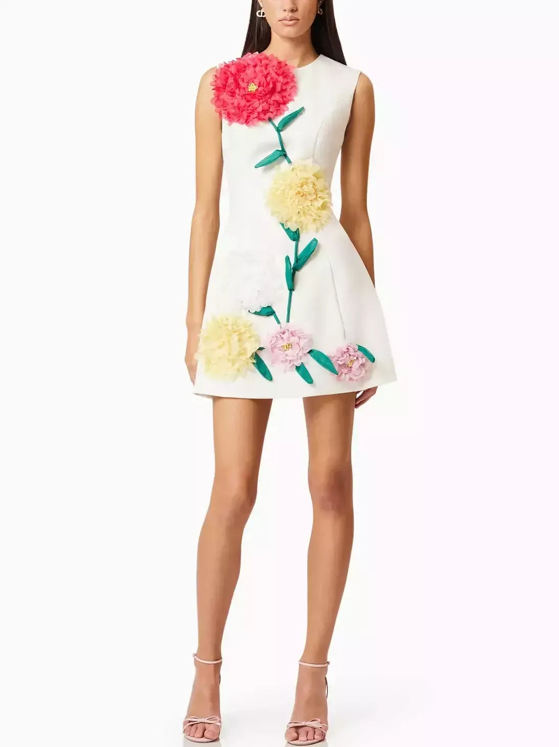 3D Floral Appliqued A-Line Mini Dress - Dresses