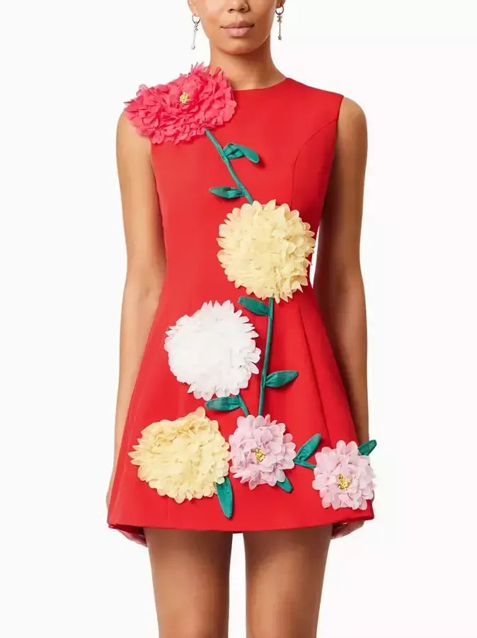 3D Floral Appliqued A-Line Mini Dress - Dresses