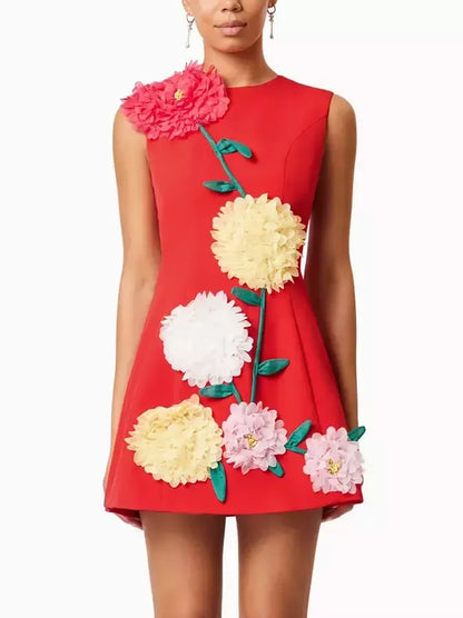 3D Floral Appliqued A-Line Mini Dress - Dresses